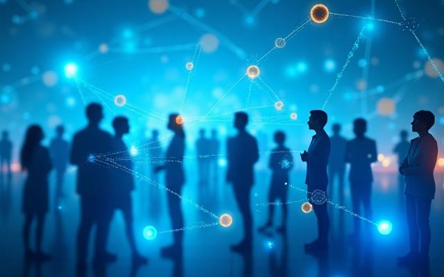 相互に関係しあう人々のシルエットとデジタルインターフェースのイラスト